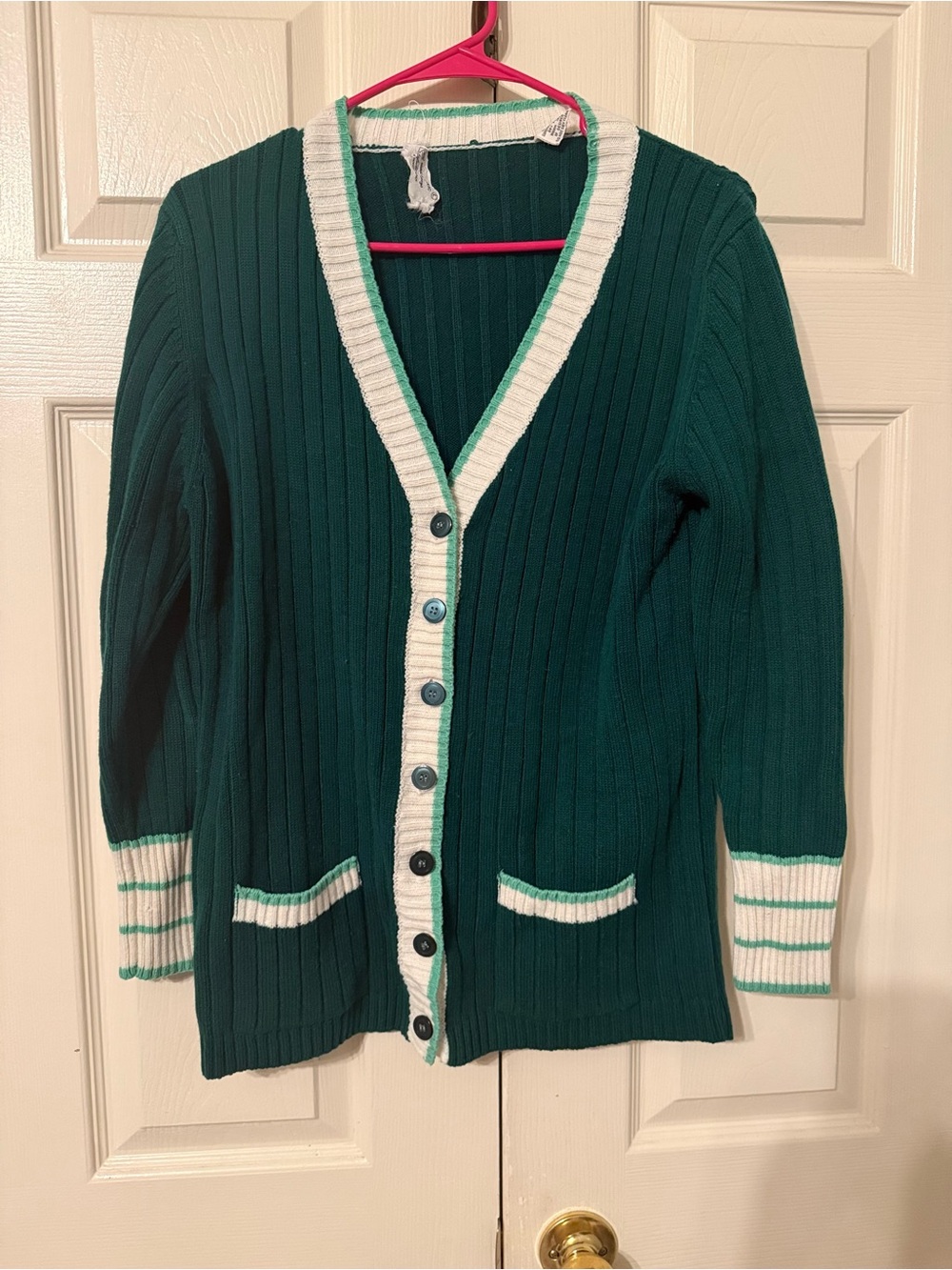 Green V-Neck Button Cardigan with White Trim